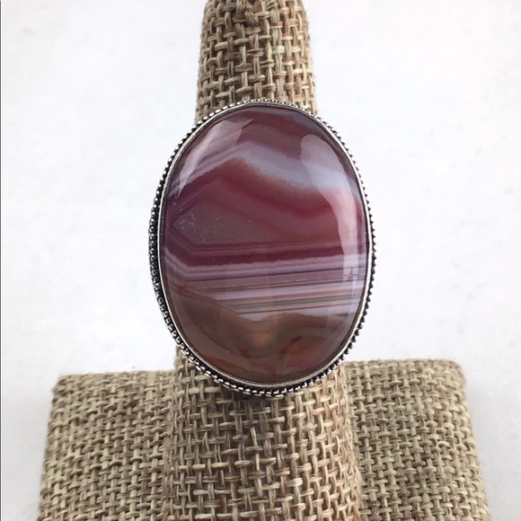 New Botswana Agate Statement Silver Overlay Vintage Style Ring Size 7.5 - Picture 6 of 12